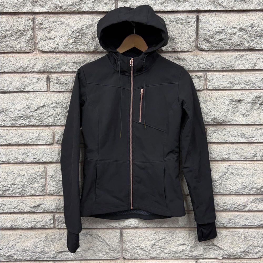 Mondetta Black Active Gray Soft Shell Zip Up Hooded Jacket Women
